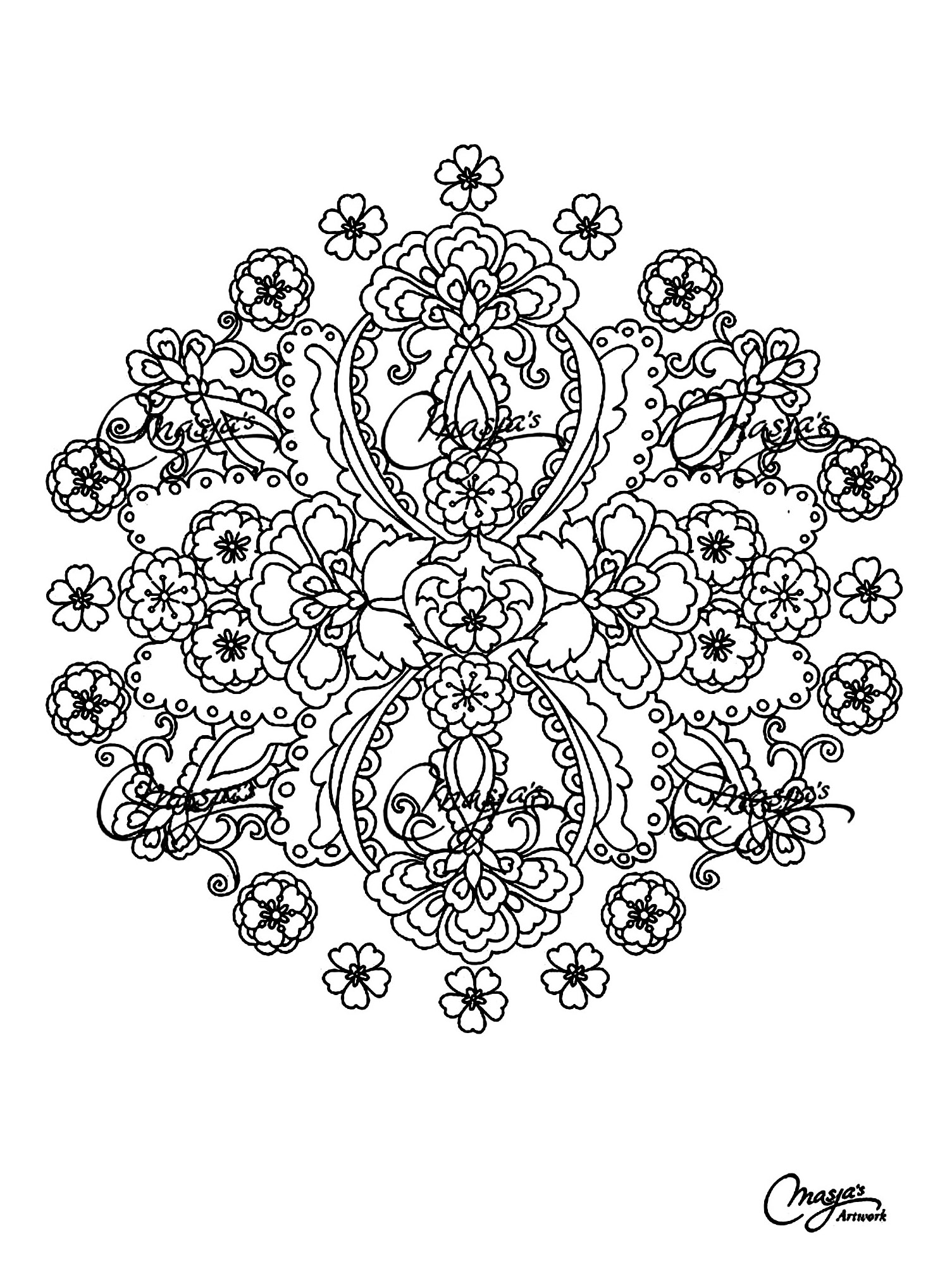 Très beau mandala assez printanier où figure différentes variétés de fleurs. Assez compliqué à colorier.